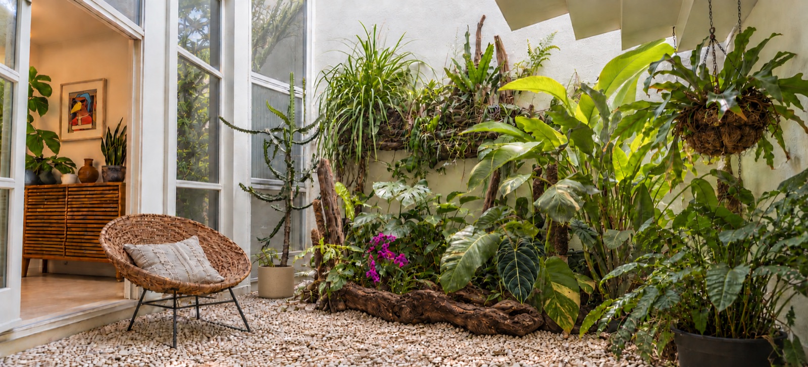 Patio inspirado en los espacios de Casa Jade, con aroides y helechos